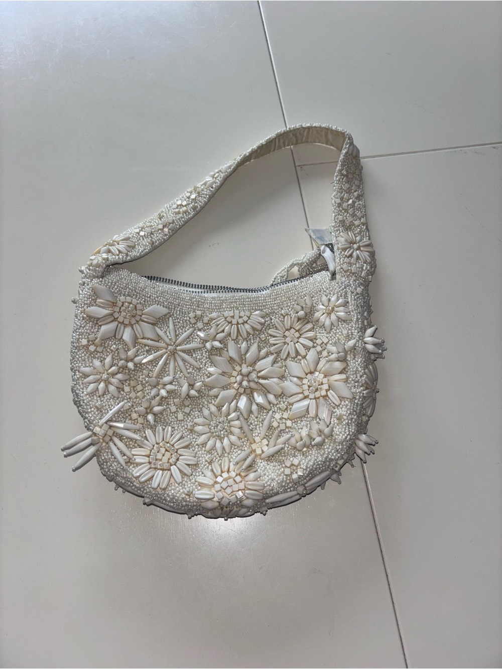Ivory Beaded Floral Shoulder Bag